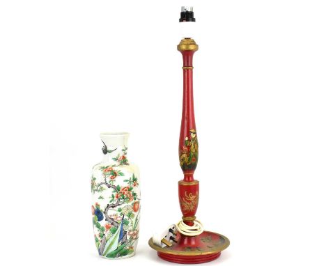 A red lacquered gilt-heightened wooden table lamp in the Chinoiserie style, height 52cm, and a white Oriental porcelain vase 