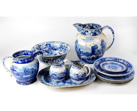 Various blue and white printed pottery including a pair of Spode plates printed with a bear hunt with elephants, horses and d