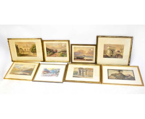 Seven various Victorian and later watercolours comprising various Italian views, initialled 'EVU', a fishing boat scene signe