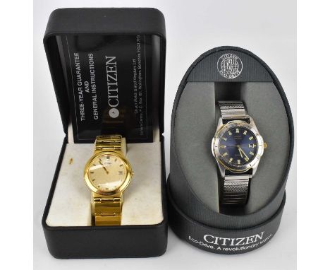 CITIZEN; two gentlemen's wristwatches comprising an Eco-Drive GN-4S WR100 example in presentation box, with outer box, guaran