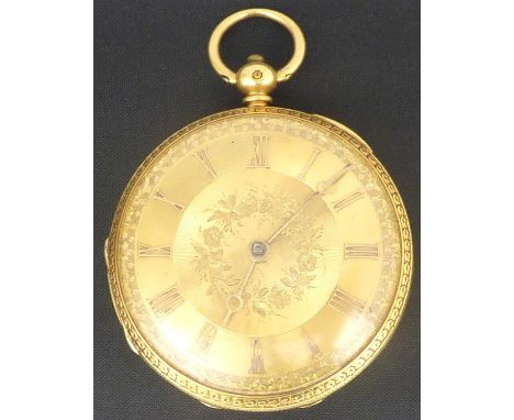 W. STANDEAST, TAUNTON; an 18ct gold open face small pocket watch, the circular gold dial with floral centre, engine turned ch