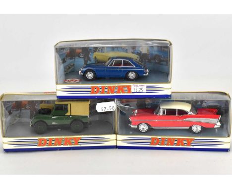 DINKY MATCHBOX; three 1:43 scale vehicles comprising a Chevrolet Bel Air 1957 DY-2, an M.G.B. GT 1965 DY-3 and a 1949 Land Ro