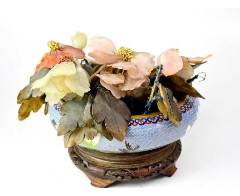 A jade and agate floral display, a pale blue shallow cloisonné bowl and an Oriental hardwood stand (3).