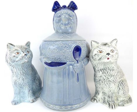 A large West German pottery rice or flour crock in the form of a housewife, height 49cm, together with two Price Kensington p