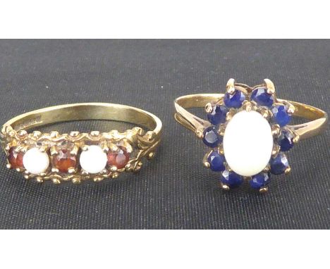 Two 9ct gold rings, comprising a claw set oval white opal surrounded by ten small claw set sapphires, in a 9ct gold shank, si