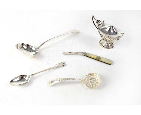 Hallmarked silver items comprising a lidded mustard pot lacking blue liner, sauce ladle, berry spoon, teaspoon with initialle