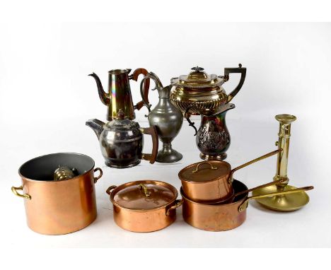 A quantity of mixed metalware to include plated teapots, decorative items, candlestick, various pots, a sugar bowl in the sha