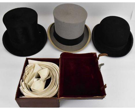 Three vintage gentlemen's hats comprising a bowler by Dunn &amp; Co, London, a Lincoln Bennett &amp; Co top hat and an Ascot-