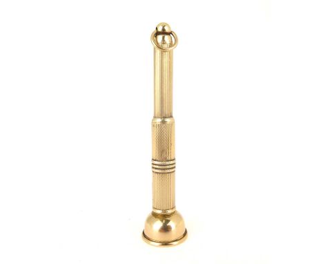 A hallmarked 9ct gold vintage cigar piercer with engine turned body and spring-loaded piercer with chain hoop, length 7cm, ap