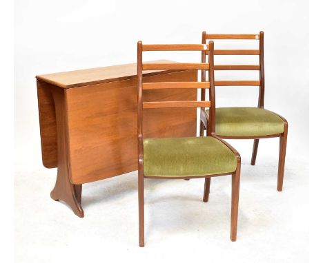 E. GOMME for G-PLAN; a 1960s teak dining room suite comprising a drop-leaf table, 73 x 140 x 91cm and a set of four ladder ba