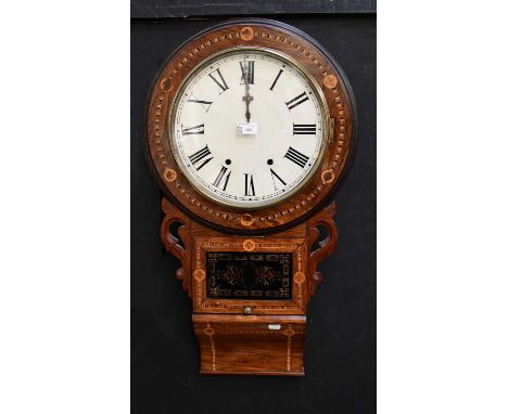 A 19th century mahogany inlaid eight-day wall clock, the white dial set with Roman numerals above a lift-up door, with interi