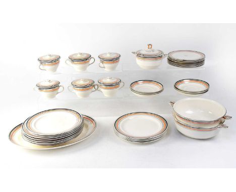 KEELING &amp; CO LTD; a Losol Ware part tea service of Art Deco form, white ground with orange, black and silvered rims, to i