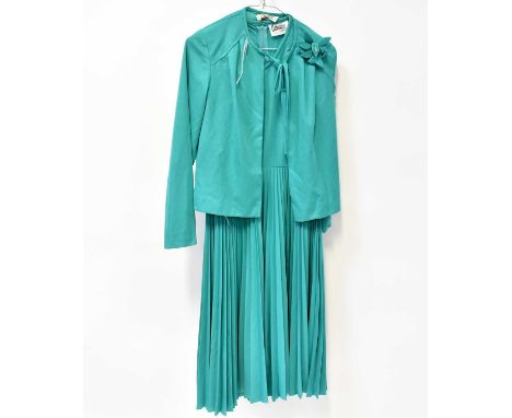 A c.1950s lamb's wool coat with beaver fur style collar, a Carnegie of London jade green pleated dress and jacket, a Marion D