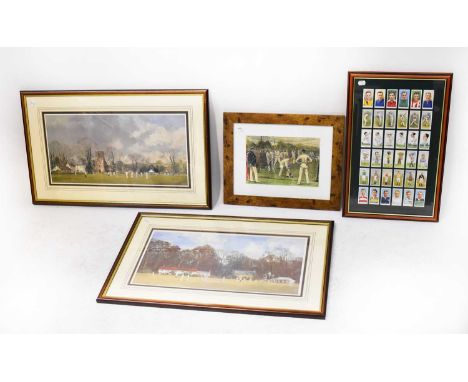 AFTER ROY PERRY; two cricket related prints, a sunny day with pavilion, the other stormy skies with church tower in the backg