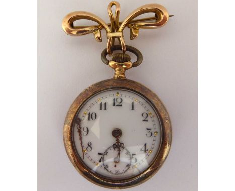 An early 19th century Swiss open face fob watch, the enamelled dial set with Arabic numerals and smaller subsidiary dial, cro