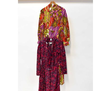 Six 1960s-80s dresses comprising a c.1960s psychedelic full-length crimplene dress with multicoloured floral and abstract des