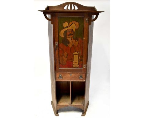 A small Arts &amp; Crafts oak cabinet with shaped bracket top, painted cabinet door with image of a Cavalier in a tavern with