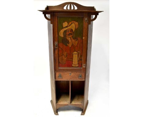 A small Arts &amp; Crafts oak cabinet with shaped bracket top, painted cabinet door with image of a Cavalier in a tavern with