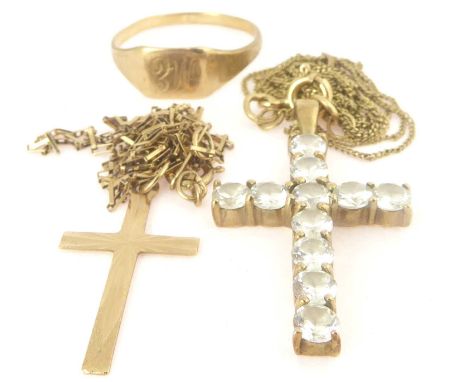 Two 9ct gold crosses on necklace chains comprising one with white stones, length 3cm, on a 9ct dainty necklace, length 60cm, 