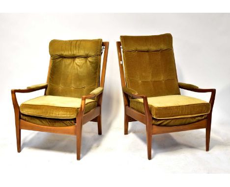 CINTIQUE; a retro teak two-seater settee, height 85cm, width 120cm, with a matching pair of armchairs, on square tapering leg