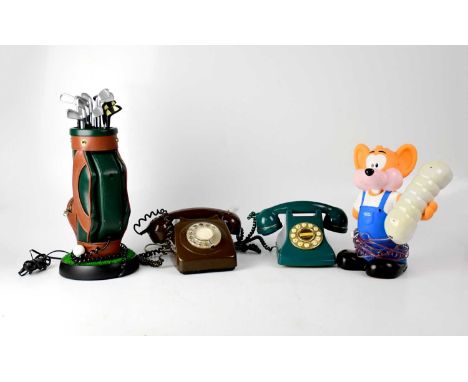 Four vintage/retro telephones comprising a 'Fortune Mouse' novelty telephone, a telephone in the form of a golf bag, a green 
