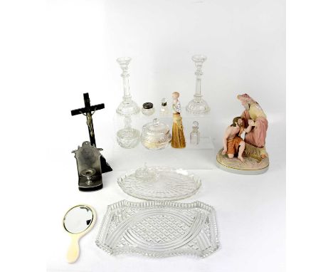 An eclectic lot to include vintage pressed glass dressing table tray, trinket pots, powder bowls, candlesticks and oval bowl,