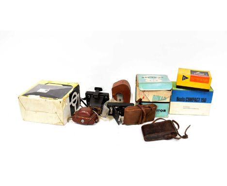 A collection of cameras and projectors to include a Polaroid Colour Swinger Land Camera, a Kodak No.2 Folding Automatic Brown