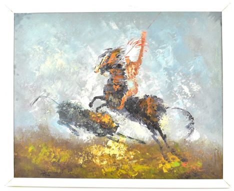 A 20th century oil painting on canvas depicting a Native American hunting buffalo in an abstract manner, indistinctly signed 
