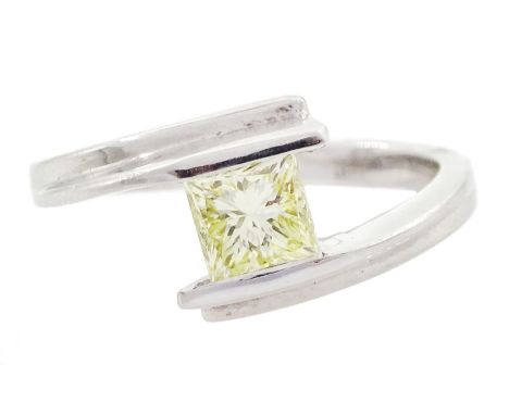 Platinum single stone princess cut fancy yellow diamond ring, hallmarked, diamond approx 0.60 caratCondition Report:Approx 5.