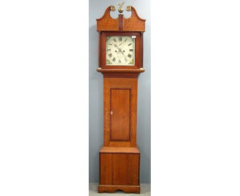 18th century oak and mahogany cross banded eight day longcase clock by Joseph Booth of Bridport, painted dial with subsidiary