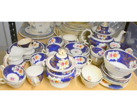English blue ground lustre ware and floral decorated part tea service