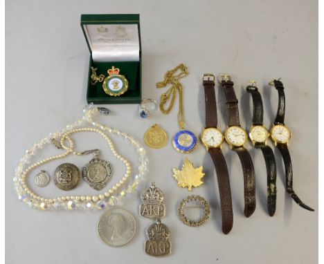 Buhler enamel cased watch,  silver tennis and ARP, Land girls Army  badges, other watches and costume jewellery 