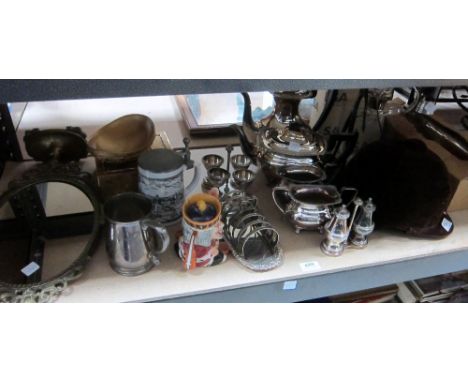 Four piece silver plated tea service, other metalware, map of Derbyshire, china, pair of floral glass wall lights etc.,