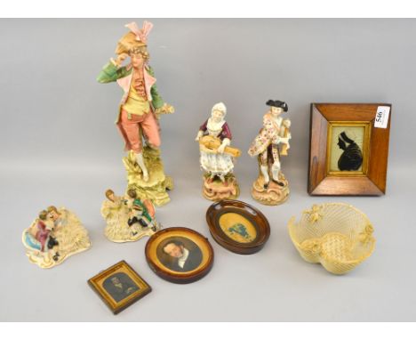 Pair of Dresden porcelain figures, 19th century portrait miniature of man and other items 