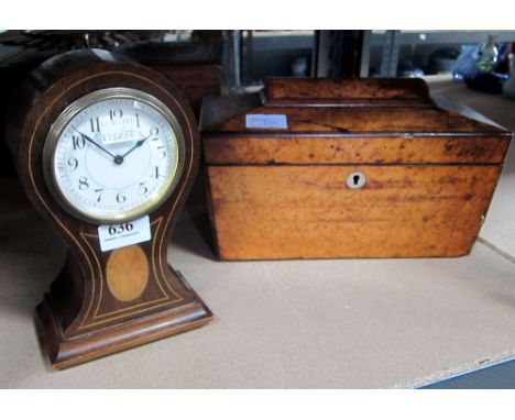 19th century walnut tea caddy and a mahogany balloon mantel clock,