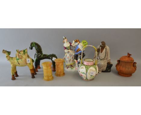 Modern Meissen figure group Pierrot, pair of soapstone vases, two glazed Oriental burial figures, 19th century pottery tobacc