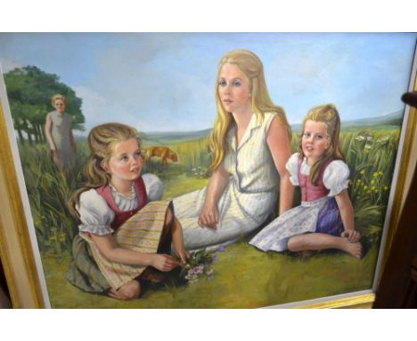 Anne Wright - portrait of a woman with twin girls, signed dated 1970,  100cm x 120cm, Provenance: Single owner collection of 