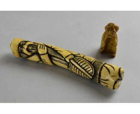 A Japanese Ivory Netsuke designed as 'Lo Fan' with fan and holding his beard Minor crack to the hat otherwise in overall good