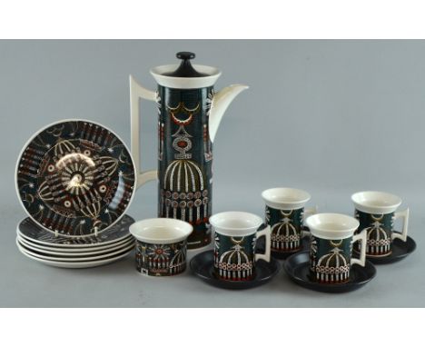 A Portmeirion Pottery 'Magic City'  coffee service  designed by Susan Williams Ellis, consisting of one  4  cups, 4 saucers, 