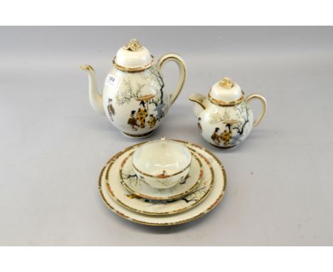 Japanese tea service comprising teapot, hotwater pot, fourteen various plates, twelve saucers and eleven cups,