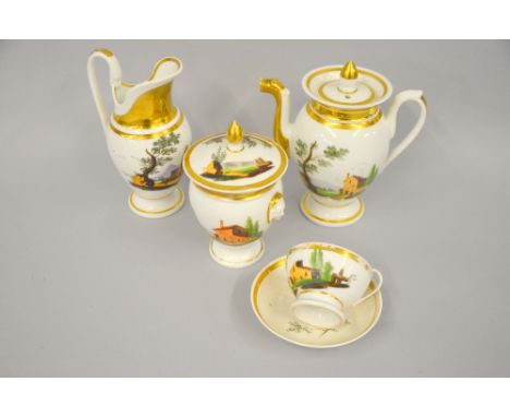 20th century part tea service decorated with buildings in a landscape,
