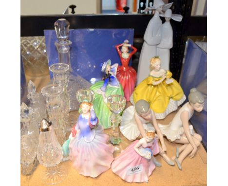 Lladro and Nao porcelain figures together with five Doulton figurines and glassware