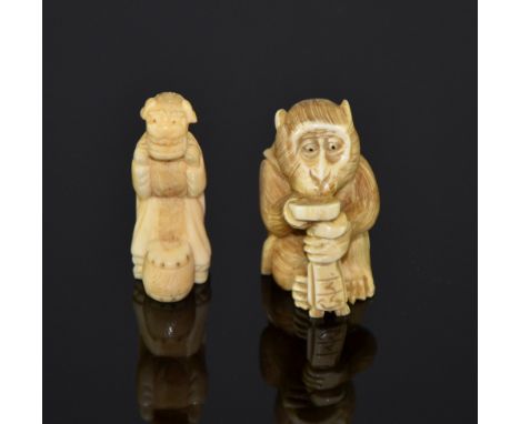 Japanese Ivory Netsuke of a Noi masked player with drum (size: 5cm) and a similar Netsuki of a seated monkey drinking from a 