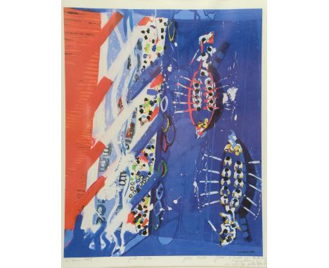 Gilles Marie Dupuy print, 'St Louis 1989' depicting rowing boats signed by the artist in pencil and with personal inscription