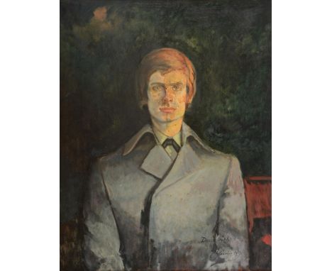 David Wall half-length self-portrait of  man dressed in black bow tie and grey mac, signed and dated 1967 lower right, 76cm x