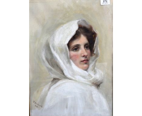 B Duckworth, oil on canvas depicting half length portrait of a lady dressed in white cape and hood  signed lower left and dat