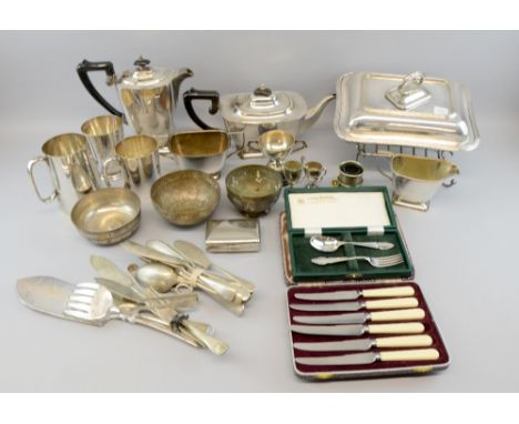 Silver plate to include entree dish on stand, four piece tea service etc