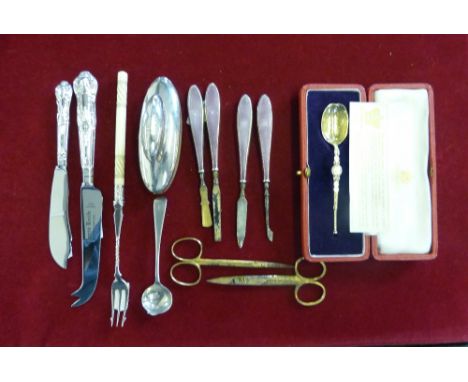 A silver gilt coronation spoon, Sheffield 1937, case, a silver and enamel part manicure set and other silverware