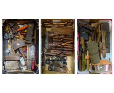 Three boxes of tools including planes, levels, gauges, etc. (3)