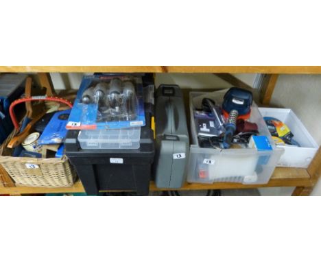 A cased Nutool handheld angle grinder, Workzone large toolbox, electrical fittings, soldering iron, cutting discs and wood sa